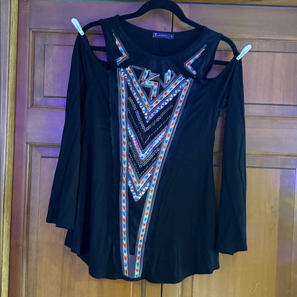 T Party Fashion Black Top with Colorful Embroidery